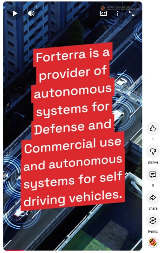 A video still from a Youtube Short. The screen reads, "Forterra is a provider of autonomous systems for Defense and Commercial use and autonomous systems for self driving vehicles."
